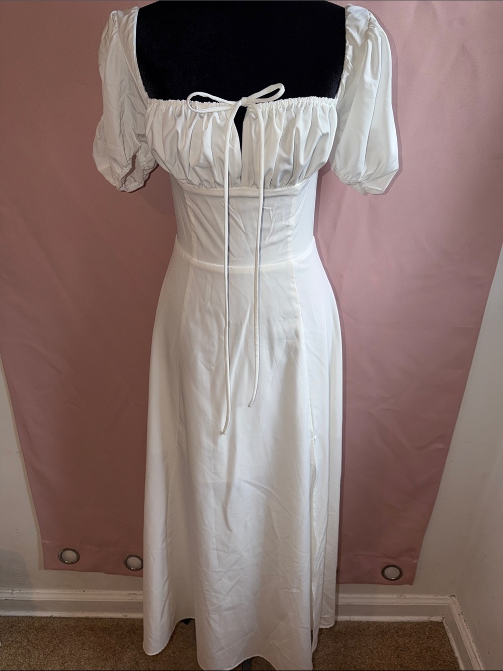 White Puff-Sleeve Maxi Dress with Tie-Back Detail